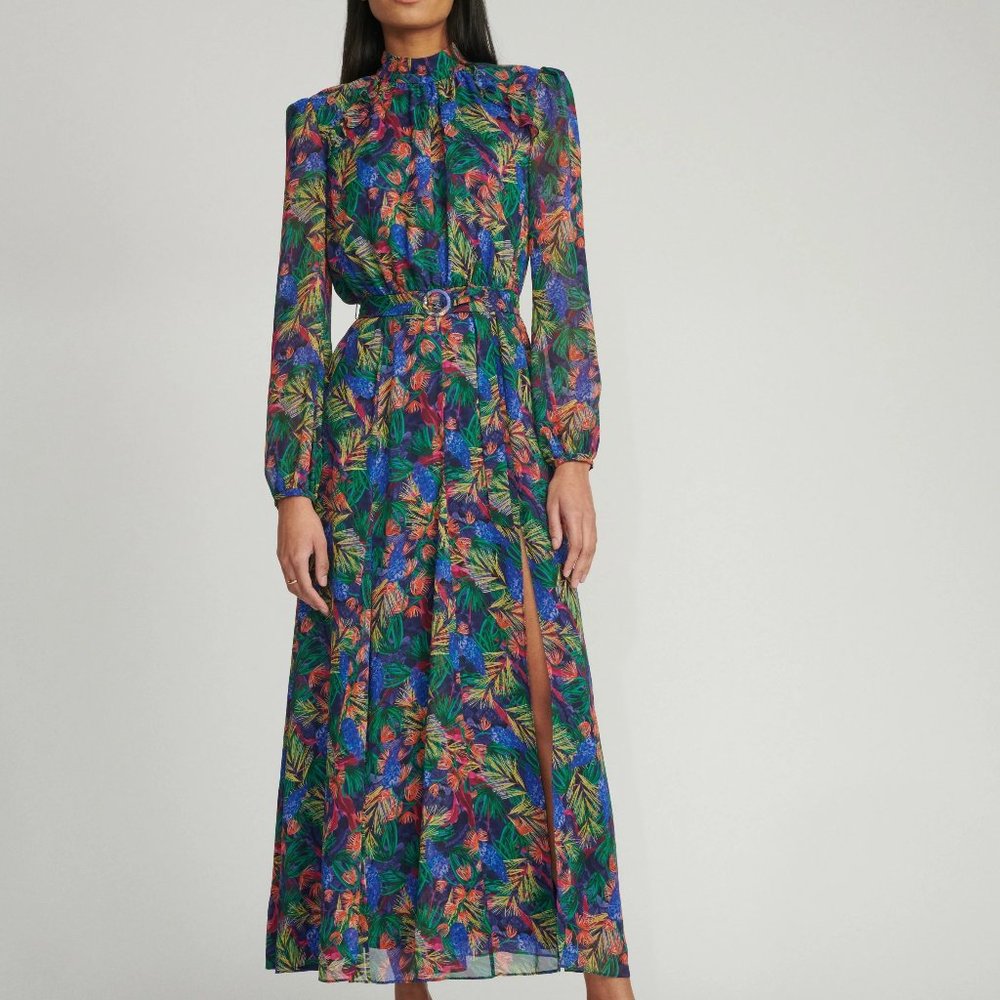 Saloni Jacqui B Silk Dress In Feather Fern Print, US 4
